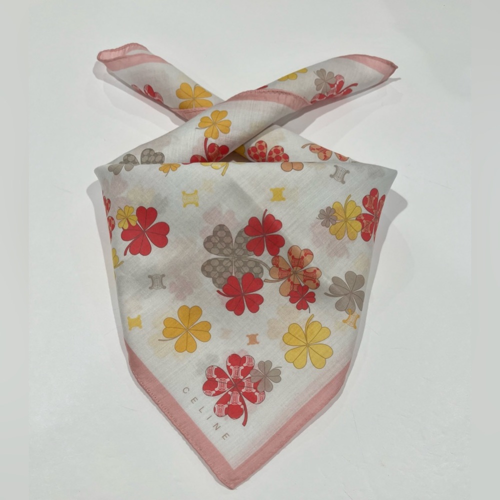 Celine VTG Handkerchief Mini Scarf Art Floral Logo Pink Cotton Pocket Square 19”